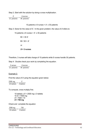CAREGIVING
K to 12 – Technology and Livelihood Education 41
Step 2. Start with the solution by doing a cross multiplication.
15 patients x 6 nurses = X x 30 patients
Step 3: Solve for the value of X. In the given problem, the value of X refers to
15 patients x 6 nurses = X x 30 patients
90 = 30 X
90 / 30 = X
or
X = 3 nurses
Therefore, 3 nurses will take charge of 15 patients while 6 nurses handle 30 patients.
Step 4: Double check your work by completing the equation.
Example 2:
Find the value of X using the equation given below:
To compute, cross multiply first.
10 tablets x X = 2500 mg x 3 tablets
10 X = 7500 mg
X = 7500 / 10
X = 750 mg
Check and complete the equation
 
