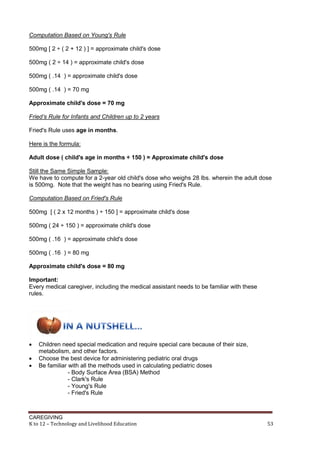 CAREGIVING
K to 12 – Technology and Livelihood Education 53
Computation Based on Young's Rule
500mg [ 2 ÷ ( 2 + 12 ) ] = approximate child's dose
500mg ( 2 ÷ 14 ) = approximate child's dose
500mg ( .14 ) = approximate child's dose
500mg ( .14 ) = 70 mg
Approximate child's dose = 70 mg
Fried’s Rule for Infants and Children up to 2 years
Fried's Rule uses age in months.
Here is the formula:
Adult dose ( child's age in months ÷ 150 ) = Approximate child's dose
Still the Same Simple Sample:
We have to compute for a 2-year old child's dose who weighs 28 lbs. wherein the adult dose
is 500mg. Note that the weight has no bearing using Fried's Rule.
Computation Based on Fried's Rule
500mg [ ( 2 x 12 months ) ÷ 150 ] = approximate child's dose
500mg ( 24 ÷ 150 ) = approximate child's dose
500mg ( .16 ) = approximate child's dose
500mg ( .16 ) = 80 mg
Approximate child's dose = 80 mg
Important:
Every medical caregiver, including the medical assistant needs to be familiar with these
rules.
 Children need special medication and require special care because of their size,
metabolism, and other factors.
 Choose the best device for administering pediatric oral drugs
 Be familiar with all the methods used in calculating pediatric doses
- Body Surface Area (BSA) Method
- Clark's Rule
- Young's Rule
- Fried's Rule
 