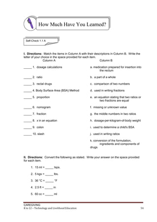 CAREGIVING
K to 12 – Technology and Livelihood Education 54
I. Directions: Match the items in Column A with their descriptions in Column B. Write the
letter of your choice in the space provided for each item.
Column A Column B
_____ 1. dosage calculations a. medication prepared for insertion into
the rectum
_____ 2. ratio b. a part of a whole
_____ 3. rectal drugs c. comparison of two numbers
_____ 4. Body Surface Area (BSA) Method d. used in writing fractions
_____ 5. proportion e. an equation stating that two ratios or
two fractions are equal
_____ 6. nomogram f. missing or unknown value
_____ 7. fraction g. the middle numbers in two ratios
_____ 8. x in an equation h. dosage-per-kilogram-of-body weight
_____ 9. colon i. used to determine a child's BSA
_____ 10. slash j. used in writing ratios
k. conversion of the formulation,
ingredients and components of
drugs
II. Directions: Convert the following as stated. Write your answer on the space provided
for each item.
1. 15 ml = _____ tsps.
2. 5 kgs = _____ lbs.
3. 36 °C = _____ °F
4. 2.5 ft = _____ in
5. 60 cc = _____ ml
How Much Have You Learned?
Self-Check 1.1 A
 