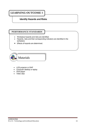 CAREGIVING
K to 12 – Technology and Livelihood Education 61
 LCD projector or OHP
 Computer desktop or laptop
 DVD player
 Video clips
Materials
Identify Hazards and Risks
LEARNING OUTCOME 1
 Workplace hazards and risks are identified.
 Hazards, risks and their corresponding indicators are identified in the
workplace.
 Effects of hazards are determined.
PERFORMANCE STANDARDS
 