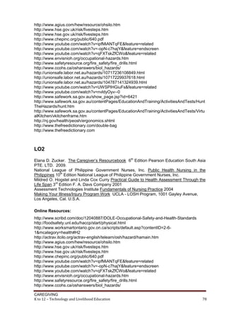 CAREGIVING
K to 12 – Technology and Livelihood Education 78
http://www.agius.com/hew/resource/ohsilo.htm
http://www.hse.gov.uk/risk/fivesteps.htm
http://www.hse.gov.uk/risk/fivesteps.htm
http://www.chepinc.org/public/640.pdf
http://www.youtube.com/watch?v=ipfMiANTqFE&feature=related
http://www.youtube.com/watch?v=-opN-c7hajY&feature=endscreen
http://www.youtube.com/watch?v=qFXTskZfCWo&feature=related
http://www.envisnioh.org/occupational-hazards.htm
http://www.safetyresource.org/fire_safety/fire_drills.html
http://www.ccohs.ca/oshanswers/biol_hazards/
http://unionsafe.labor.net.au/hazards/10717236108849.html
http://unionsafe.labor.net.au/hazards/10717229937618.html
http://unionsafe.labor.net.au/hazards/104787141324939.html
http://www.youtube.com/watch?v=UWSPIHGiuFs&feature=related
http://www.youtube.com/watch?v=nvldyOyv--0
http://www.safework.sa.gov.au/show_page.jsp?id=6421
http://www.safework.sa.gov.au/contentPages/EducationAndTraining/ActivitiesAndTests/Hunt
TheHazards/hunt.htm
http://www.safework.sa.gov.au/contentPages/EducationAndTraining/ActivitiesAndTests/Virtu
alKitchen/vkitchenframe.htm
http://nj.gov/health/peosh/ergonomics.shtml
http://www.thefreedictionary.com/double-bag
http://www.thefreedictionary.com
LO2
Elana D. Zucker. The Caregiver’s Resourcebook 6th
Edition Pearson Education South Asia
PTE. LTD. 2009.
National League of Philippine Government Nurses, Inc. Public Health Nursing in the
Philippines 10th
Edition National League of Philippine Government Nurses, Inc.
Mildred O. Hogstel and Linda Cox Curry Practical Guide to Health Assessment Through the
Life Span 3rd
Edition F. A. Davs Company 2001
Assessment Technologies Institute Fundamentals of Nursing Practice 2004
Making Your Illness/Injury Program Work UCLA - LOSH Program, 1001 Gayley Avenue,
Los Angeles, Cal. U.S.A.
Online Resources:
http://www.scribd.com/doc/12040887/DOLE-Occupational-Safety-and-Health-Standards
http://foodsafety.unl.edu/haccp/start/physical.html
http://www.worksmartontario.gov.on.ca/scripts/default.asp?contentID=2-6-
1&mcategory=health#H2
http://actrav.itcilo.org/actrav-english/telearn/osh/hazard/hamain.htm
http://www.agius.com/hew/resource/ohsilo.htm
http://www.hse.gov.uk/risk/fivesteps.htm
http://www.hse.gov.uk/risk/fivesteps.htm
http://www.chepinc.org/public/640.pdf
http://www.youtube.com/watch?v=ipfMiANTqFE&feature=related
http://www.youtube.com/watch?v=-opN-c7hajY&feature=endscreen
http://www.youtube.com/watch?v=qFXTskZfCWo&feature=related
http://www.envisnioh.org/occupational-hazards.htm
http://www.safetyresource.org/fire_safety/fire_drills.html
http://www.ccohs.ca/oshanswers/biol_hazards/
 