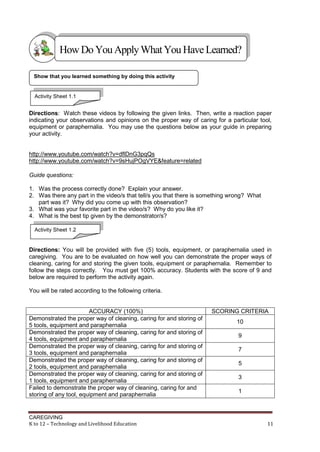 CAREGIVING
K to 12 – Technology and Livelihood Education 11
Directions: Watch these videos by following the given links. Then, write a reaction paper
indicating your observations and opinions on the proper way of caring for a particular tool,
equipment or paraphernalia. You may use the questions below as your guide in preparing
your activity.
http://www.youtube.com/watch?v=dflDnG3pqQs
http://www.youtube.com/watch?v=9sHujPOgVYE&feature=related
Guide questions:
1. Was the process correctly done? Explain your answer.
2. Was there any part in the video/s that tell/s you that there is something wrong? What
part was it? Why did you come up with this observation?
3. What was your favorite part in the video/s? Why do you like it?
4. What is the best tip given by the demonstrator/s?
Directions: You will be provided with five (5) tools, equipment, or paraphernalia used in
caregiving. You are to be evaluated on how well you can demonstrate the proper ways of
cleaning, caring for and storing the given tools, equipment or paraphernalia. Remember to
follow the steps correctly. You must get 100% accuracy. Students with the score of 9 and
below are required to perform the activity again.
You will be rated according to the following criteria.
ACCURACY (100%) SCORING CRITERIA
Demonstrated the proper way of cleaning, caring for and storing of
5 tools, equipment and paraphernalia
10
Demonstrated the proper way of cleaning, caring for and storing of
4 tools, equipment and paraphernalia
9
Demonstrated the proper way of cleaning, caring for and storing of
3 tools, equipment and paraphernalia
7
Demonstrated the proper way of cleaning, caring for and storing of
2 tools, equipment and paraphernalia
5
Demonstrated the proper way of cleaning, caring for and storing of
1 tools, equipment and paraphernalia
3
Failed to demonstrate the proper way of cleaning, caring for and
storing of any tool, equipment and paraphernalia
1
Show that you learned something by doing this activity
HowDo YouApplyWhatYou HaveLearned?
Activity Sheet 1.1
Activity Sheet 1.2
 