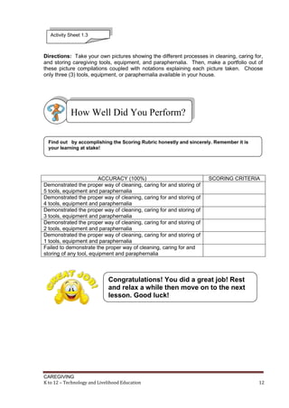 CAREGIVING
K to 12 – Technology and Livelihood Education 12
Directions: Take your own pictures showing the different processes in cleaning, caring for,
and storing caregiving tools, equipment, and paraphernalia. Then, make a portfolio out of
these picture compilations coupled with notations explaining each picture taken. Choose
only three (3) tools, equipment, or paraphernalia available in your house.
ACCURACY (100%) SCORING CRITERIA
Demonstrated the proper way of cleaning, caring for and storing of
5 tools, equipment and paraphernalia
Demonstrated the proper way of cleaning, caring for and storing of
4 tools, equipment and paraphernalia
Demonstrated the proper way of cleaning, caring for and storing of
3 tools, equipment and paraphernalia
Demonstrated the proper way of cleaning, caring for and storing of
2 tools, equipment and paraphernalia
Demonstrated the proper way of cleaning, caring for and storing of
1 tools, equipment and paraphernalia
Failed to demonstrate the proper way of cleaning, caring for and
storing of any tool, equipment and paraphernalia
How Well Did You Perform?
Find out by accomplishing the Scoring Rubric honestly and sincerely. Remember it is
your learning at stake!
Congratulations! You did a great job! Rest
and relax a while then move on to the next
lesson. Good luck!
Activity Sheet 1.3
 