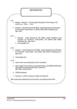 CARPENTRY 108
K to 12 – Technology and Livelihood Education
LO1
 Morgan , Robert E , The Complete Handbook of Plumbing, TAB
Books Inc., Phils. , 1962
 Oravetz , Jules Revised by Re Miller, Audel Questions and Answers
for Plumbers‟ Examination, 3rd Edition Mac Millan Publishing Co.,
New York.
LO 2
 Oravetz , Jules Revised by Re Miller, Audel Questions and
Answers for Plumbers‟ Examination, 3rd Edition Mac Millan
Publishing Co., New York.
 www.google.com
LO 3
 Oravetz , Jules Revised by Re Miller, Audel Questions and Answers
for Plumbers‟ Examination, 3rd Edition Mac Millan Publishing Co.,
New York.
 www.google.com
LO 4
 www.co.kern.ca.us/cao/policy/12.pdf (Accidents)
 http://images.search.yahoo.com/search/images;_ylt=A0PDoS.Q40VP2ho
AbxyJzbkF?p=cooperation&fr=yfp-t-701&ei=utf-
8&n=30&x=wrt&y=Search
 TESDA Handouts
 Pardinas, J. (2012). Handout on Signs and Symbols.
http://museumca.org/goldrush/curriculum/we_accuse/tgrouprubric.html
REFERENCES
 