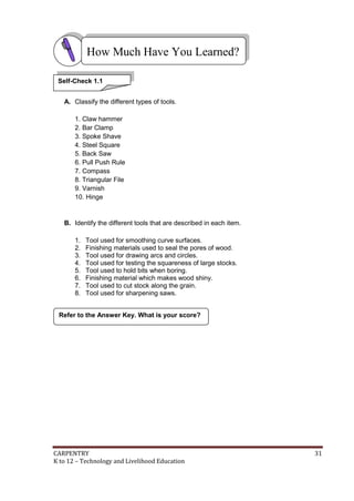 CARPENTRY 31
K to 12 – Technology and Livelihood Education
A. Classify the different types of tools.
1. Claw hammer
2. Bar Clamp
3. Spoke Shave
4. Steel Square
5. Back Saw
6. Pull Push Rule
7. Compass
8. Triangular File
9. Varnish
10. Hinge
B. Identify the different tools that are described in each item.
1. Tool used for smoothing curve surfaces.
2. Finishing materials used to seal the pores of wood.
3. Tool used for drawing arcs and circles.
4. Tool used for testing the squareness of large stocks.
5. Tool used to hold bits when boring.
6. Finishing material which makes wood shiny.
7. Tool used to cut stock along the grain.
8. Tool used for sharpening saws.
Refer to the Answer Key. What is your score?
How Much Have You Learned?
Self-Check 1.1
 