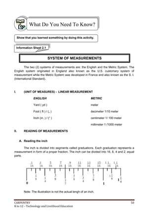 CARPENTRY 50
K to 12 – Technology and Livelihood Education
The two (2) systems of measurements are: the English and the Metric System. The
English system originated in England also known as the U.S. customary system of
measurement while the Metric System was developed in France and also known as the S. I.
(International Standard).
I. (UNIT OF MEASURES) - LINEAR MEASUREMENT
ENGLISH METRIC
Yard ( yd ) meter
Foot ( ft ) / („ ) decimeter 1/10 meter
Inch (in. ) / (“ ) centimeter 1/ 100 meter
millimeter 1 /1000 meter
II. READING OF MEASUREMENTS
A. Reading the inch
The inch is divided into segments called graduations. Each graduation represents a
measurement in form of a proper fraction. The inch can be divided into 16, 8, 4 and 2, equal
parts.
Note: The illustration is not the actual lengh of an inch.
Show that you learned something by doing this activity.
What Do You Need To Know?
Information Sheet 2.1
SYSTEM OF MEASUREMENTS
 