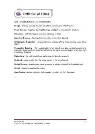 CARPENTRY 61
K to 12 – Technology and Livelihood Education
Axis – line about which a body turns or rotates
Design – drawing showing the plan, elevations, sections, and other features.
Detail drawing – separate drawing showing a small part of a machine or structure
Dimension – definite measure shown on a drawing in detail
Isometric Drawing – drawing which resembles a respective drawing
Orthographic Projection – arrangement in a drawing of the three principal views of an
object
Perspective Drawing – the representation of an object on a plan surface, pertaining to
materials, styles and finish presented as to have the same appearances as when seen from
a particular viewpoint
Projections – the cutting out of any part or any member of a structure
Reduced – made smaller than the actual size as in the size of object
Scaled Drawing – drawing plan made according to a scale, smaller than the actual work
Sketch – freehand drawing of an object
Specification – written instruction to the worker containing all the information
.
Definition of Terms
 