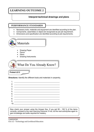 CARPENTRY 66
K to 12 – Technology and Livelihood Education
 Drawing Paper
 Pencil
 Plans
 Drawing Instruments
Directions: Identify the different tools and materials in carpentry.
1. __________________________________________________
2. __________________________________________________
3. __________________________________________________
4. __________________________________________________
5. __________________________________________________
6. __________________________________________________
7. __________________________________________________
8. __________________________________________________
9. __________________________________________________
10. __________________________________________________
Materials
What Do You Already Know?
Interpret technical drawings and plans
LEARNING OUTCOME 2
Pretest LO 2
Now check your answer using the Answer Key. If you got 90 - 100 % of the items
correctly, proceed to the next Learning Outcome. If not, do the next activity/ties again to
gain knowledge and skills required for mastery.
 Necessary tools, materials and equipment are identified according to the plan.
 Components, assemblies or object are recognized as per job requirement.
 Dimensions and specification are identified according to job requirements.
PERFORMANCE STANDARDS
 