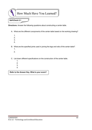 CARPENTRY 68
K to 12 – Technology and Livelihood Education
Directions: Answer the following questions about constructing a center table.
A. What are the different components of the center table based on the working drawing?
1.
2.
3.
4.
B. What are the specified joints used in joining the legs and rails of the center table?
1.
2.
C. List down different specifications on the construction of the center table.
1.
2.
3.
4.
Refer to the Answer Key. What is your score?
How Much Have You Learned?
Self-Check 2.1
 