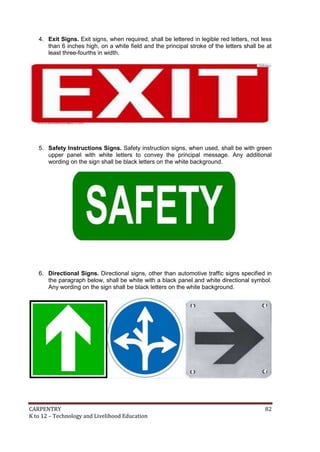 CARPENTRY 82
K to 12 – Technology and Livelihood Education
4. Exit Signs. Exit signs, when required, shall be lettered in legible red letters, not less
than 6 inches high, on a white field and the principal stroke of the letters shall be at
least three-fourths in width.
5. Safety Instructions Signs. Safety instruction signs, when used, shall be with green
upper panel with white letters to convey the principal message. Any additional
wording on the sign shall be black letters on the white background.
6. Directional Signs. Directional signs, other than automotive traffic signs specified in
the paragraph below, shall be white with a black panel and white directional symbol.
Any wording on the sign shall be black letters on the white background.
 