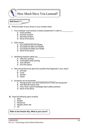 CARPENTRY 84
K to 12 – Technology and Livelihood Education
A. Write the letter of your choice on your answer sheet.
1. Your employer must conduct a hazard assessment in order to ___________.
A. avoid accident
B. promote accident
C. eliminate workers
D. None of the above
2. OSH means _______________.
A. Occupational Service Healthy
B. Occupational Safe and Healthy
C. Occupational Safety and Health
D. None of the above
3. Identifying hazards makes you_________________.
A. safe from working
B. comfortable while working
C. work efficient
D. all of the above
4. Who should first know about the accident that happened in your shop?
A. principal
B. nurse
C. teacher
D. doctor
5. Accidents can be prevented ____________________.
A. through proper care and maintenance of tools and equipment
B. right attitude toward work
C. if you have a good knowledge about safety practices
D. None of the above
B. Draw the following signs correctly.
1. Stop
2. Danger
3. Poisonous
4. Slippery when wet
5. Up
Refer to the Answer Key. What is your score?
How Much Have You Learned?
Self-Check 1.1
 
