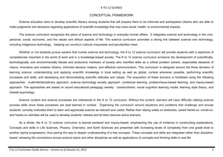 K TO 12 SCIENCE
K to 12 Curriculum Guide Science – version as of January 31, 2012 2
CONCEPTUAL FRAMEWORK
Science education aims to develop scientific literacy among students that will prepare them to be informed and participative citizens who are able to
make judgments and decisions regarding applications of scientific knowledge that may have social, health, or environmental impacts.
The science curriculum recognizes the place of science and technology in everyday human affairs. It integrates science and technology in the civic,
personal, social, economic, and the values and ethical aspects of life. The science curriculum promotes a strong link between science and technology,
including indigenous technology, keeping our country’s cultural uniqueness and peculiarities intact.
Whether or not students pursue careers that involve science and technology, the K to 12 science curriculum will provide students with a repertoire of
competencies important in the world of work and in a knowledge-based society. The K to 12 science curriculum envisions the development of scientifically,
technologically, and environmentally literate and productive members of society who manifest skills as a critical problem solvers, responsible stewards of
nature, innovative and creative citizens, informed decision makers, and effective communicators. This curriculum is designed around the three domains of
learning science: understanding and applying scientific knowledge in local setting as well as global, context whenever possible, performing scientific
processes and skills, and developing and demonstrating scientific attitudes and values. The acquisition of these domains is facilitated using the following
approaches: multi/interdisciplinary approach, science–technology society approach, contextual learning, problem/issue-based learning, and inquiry-based
approach. The approaches are based on sound educational pedagogy namely: constructivism, social cognition learning model, learning style theory, and
Gestalt psychology.
Science content and science processes are intertwined in the K to 12 curriculum. Without the content, learners will have difficulty utilizing science
process skills since these processes are best learned in context. Organizing the curriculum around situations and problems that challenge and arouse
students’ curiosity motivates them to learn and appreciate science as relevant and useful. Rather than relying solely on textbooks, varied hands-on, minds-on,
and hearts-on activities will be used to develop students’ interest and let them become active learners.
As a whole, the K to 12 science curriculum is learner-centered and inquiry-based, emphasizing the use of evidence in constructing explanations.
Concepts and skills in Life Sciences, Physics, Chemistry, and Earth Sciences are presented with increasing levels of complexity from one grade level to
another (spiral progression), thus paving the way to deeper understanding of a few concepts. These concepts and skills are integrated rather than discipline-
based, stressing the connections across science topics and other disciplines as well as applications of concepts and thinking skills to real life.
 
