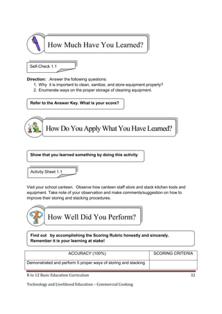 How Much Have You Learned?
Self-Check 1.1
Direction: .Answer the following questions:
1. Why it is important to clean, sanitize, and store equipment properly?
2. Enumerate ways on the proper storage of cleaning equipment.
Refer to the Answer Key. What is your score?

How Do You Apply What You Have Learned?

Show that you learned something by doing this activity

Activity Sheet 1.1

Visit your school canteen. Observe how canteen staff store and stack kitchen tools and
equipment. Take note of your observation and make comments/suggestion on how to
improve their storing and stacking procedures.

How Well Did You Perform?
Find out by accomplishing the Scoring Rubric honestly and sincerely.
Remember it is your learning at stake!
ACCURACY (100%)

SCORING CRITERIA

Demonstrated and perform 5 proper ways of storing and stacking
K to 12 Basic Education Curriculum
Technology and Livelihood Education – Commercial Cooking

32

 