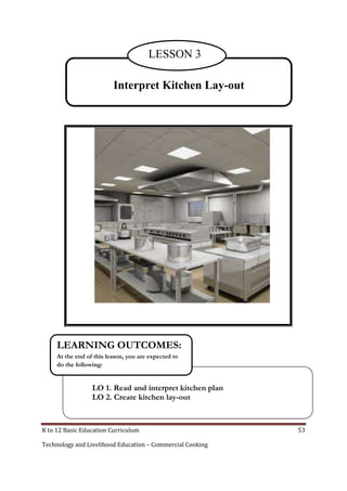 LESSON 3
Interpret Kitchen Lay-out

LEARNING OUTCOMES:
At the end of this lesson, you are expected to
do the following:

LO 1. Read and interpret kitchen plan
LO 2. Create kitchen lay-out

K to 12 Basic Education Curriculum
Technology and Livelihood Education – Commercial Cooking

53

 
