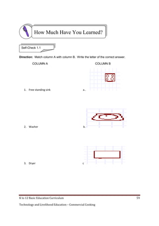 How Much Have You Learned?
Self-Check 1.1
Direction: Match column A with column B. Write the letter of the correct answer.
COLUMN A

COLUMN B

1. Free standing sink

a..

2. Washer

b.

3. Dryer

c

K to 12 Basic Education Curriculum
Technology and Livelihood Education – Commercial Cooking

59

 