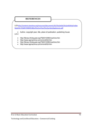 REFERENCES
LO1http://content.cteonline.org/resources/documents/35/35a2a92d/35a2a92d5da7e3be
8ada54c723bf67448495382e/KitchenFloorPlanSymbolsAppliances.pdf

LO 2





Author, copyright year, title, place of publication: publishing house

http://library.thinkquest.org/TQ0312380/machine.htm
http://www.agmachine.com/xmmd43d.htm
http://library.thinkquest.org/TQ0312380/machine.htm
http://www.agmachine.com/xmmd43d.htm

K to 12 Basic Education Curriculum
Technology and Livelihood Education – Commercial Cooking

70

 