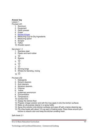 Answer key
Lesson 1
Pre-test LO1
1. Aluminum
2. Equipment
3. Garlic presser
4. Grater
5. Kitchen Knives
6. Measuring Cup for Dry Ingredients
7. Measuring spoon
8. Scraper
9. Teflon
10. Wooden spoon
Sel-check 1.1
1. Stainless steel
2. Plastic and hard rubber
3.
4. Spatula
5.
6.
7.
8. Serving tongs
9. Whisks for blending, mixing
10.
Pre-test LO2
1. Detergents
2. Solvent cleaners
3. Acid cleaners
4. Abrasive cleaners
5. Chlorine
6. Iodine
7. quaternary ammonium
8. Concentration
9. Temperature 10. Contact time
11. Sweep the kitchen floor
12. Prepare vinegar solution and with the mop apply it onto the kitchen surfaces
13. Make an all-purpose cleaner in a spray bottle
14. Spray this solution onto kitchen surfaces and wipe off with a damp cleaning rag.
15. Fill a few bowls with about 1/2 cup each of baking soda. Place these around your
kitchen to absorb odor and keep the kitchen smelling fresh.
Self-check 2.1
K to 12 Basic Education Curriculum
Technology and Livelihood Education – Commercial Cooking

97

 