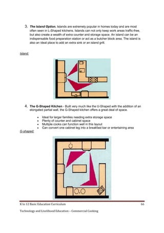 K to 12 Basic Education Curriculum 66
Technology and Livelihood Education – Commercial Cooking
3. The Island Option. Islands are extremely popular in homes today and are most
often seen in L-Shaped kitchens. Islands can not only keep work areas traffic-free,
but also create a wealth of extra counter and storage space. An island can be an
indispensable food preparation station or act as a butcher block area. The island is
also an ideal place to add an extra sink or an island grill.
Island:
4. The G-Shaped Kitchen - Built very much like the U-Shaped with the addition of an
elongated partial wall, the G-Shaped kitchen offers a great deal of space.
 Ideal for larger families needing extra storage space
 Plenty of counter and cabinet space
 Multiple cooks can function well in this layout
 Can convert one cabinet leg into a breakfast bar or entertaining area
G-shaped:
 