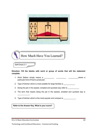 K to 12 Basic Education Curriculum 68
Technology and Livelihood Education – Commercial Cooking
Direction: Fill the blanks with word or group of words that will the statement
complete.
1. Work Station simply means a __________ __________ __________where a
particular kind of food is produced .
2. Type of kitchen which is most suitable for large families is ___________.
3. Doing the job in the easiest, simplest and quickest way refer to ___________.
4. The term that means doing the job in the easiest, simplest and quickest way is
____________.
5. Type of kitchen which is the most popular and compact is ____________.
Refer to the Answer Key. What is your score?
How Much Have You Learned?
Self-Check 2.1
 
