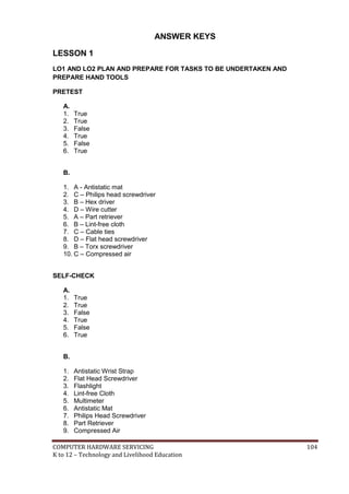 COMPUTER HARDWARE SERVICING 104
K to 12 – Technology and Livelihood Education
ANSWER KEYS
LESSON 1
LO1 AND LO2 PLAN AND PREPARE FOR TASKS TO BE UNDERTAKEN AND
PREPARE HAND TOOLS
PRETEST
A.
1. True
2. True
3. False
4. True
5. False
6. True
B.
1. A - Antistatic mat
2. C – Philips head screwdriver
3. B – Hex driver
4. D – Wire cutter
5. A – Part retriever
6. B – Lint-free cloth
7. C – Cable ties
8. D – Flat head screwdriver
9. B – Torx screwdriver
10. C – Compressed air
SELF-CHECK
A.
1. True
2. True
3. False
4. True
5. False
6. True
B.
1. Antistatic Wrist Strap
2. Flat Head Screwdriver
3. Flashlight
4. Lint-free Cloth
5. Multimeter
6. Antistatic Mat
7. Philips Head Screwdriver
8. Part Retriever
9. Compressed Air
 