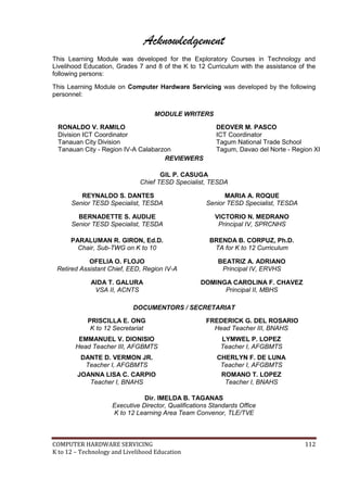 COMPUTER HARDWARE SERVICING 112
K to 12 – Technology and Livelihood Education
Acknowledgement
This Learning Module was developed for the Exploratory Courses in Technology and
Livelihood Education, Grades 7 and 8 of the K to 12 Curriculum with the assistance of the
following persons:
This Learning Module on Computer Hardware Servicing was developed by the following
personnel:

MODULE WRITERS
RONALDO V. RAMILO
Division ICT Coordinator
Tanauan City Division
Tanauan City - Region IV-A Calabarzon
DEOVER M. PASCO
ICT Coordinator
Tagum National Trade School
Tagum, Davao del Norte - Region XI
REVIEWERS
GIL P. CASUGA
Chief TESD Specialist, TESDA
REYNALDO S. DANTES
Senior TESD Specialist, TESDA
MARIA A. ROQUE
Senior TESD Specialist, TESDA
BERNADETTE S. AUDIJE
Senior TESD Specialist, TESDA
VICTORIO N. MEDRANO
Principal IV, SPRCNHS
PARALUMAN R. GIRON, Ed.D.
Chair, Sub-TWG on K to 10
BRENDA B. CORPUZ, Ph.D.
TA for K to 12 Curriculum
OFELIA O. FLOJO
Retired Assistant Chief, EED, Region IV-A
BEATRIZ A. ADRIANO
Principal IV, ERVHS
AIDA T. GALURA
VSA II, ACNTS
DOMINGA CAROLINA F. CHAVEZ
Principal II, MBHS
DOCUMENTORS / SECRETARIAT
PRISCILLA E. ONG
K to 12 Secretariat
FREDERICK G. DEL ROSARIO
Head Teacher III, BNAHS
EMMANUEL V. DIONISIO
Head Teacher III, AFGBMTS
LYMWEL P. LOPEZ
Teacher I, AFGBMTS
DANTE D. VERMON JR.
Teacher I, AFGBMTS
CHERLYN F. DE LUNA
Teacher I, AFGBMTS
JOANNA LISA C. CARPIO
Teacher I, BNAHS
ROMANO T. LOPEZ
Teacher I, BNAHS
Dir. IMELDA B. TAGANAS
Executive Director, Qualifications Standards Office
K to 12 Learning Area Team Convenor, TLE/TVE
 