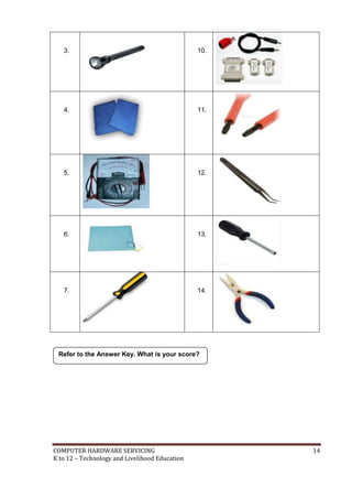COMPUTER HARDWARE SERVICING 14
K to 12 – Technology and Livelihood Education
3. 10.
4. 11.
5. 12.
6. 13.
7. 14.
Refer to the Answer Key. What is your score?
 