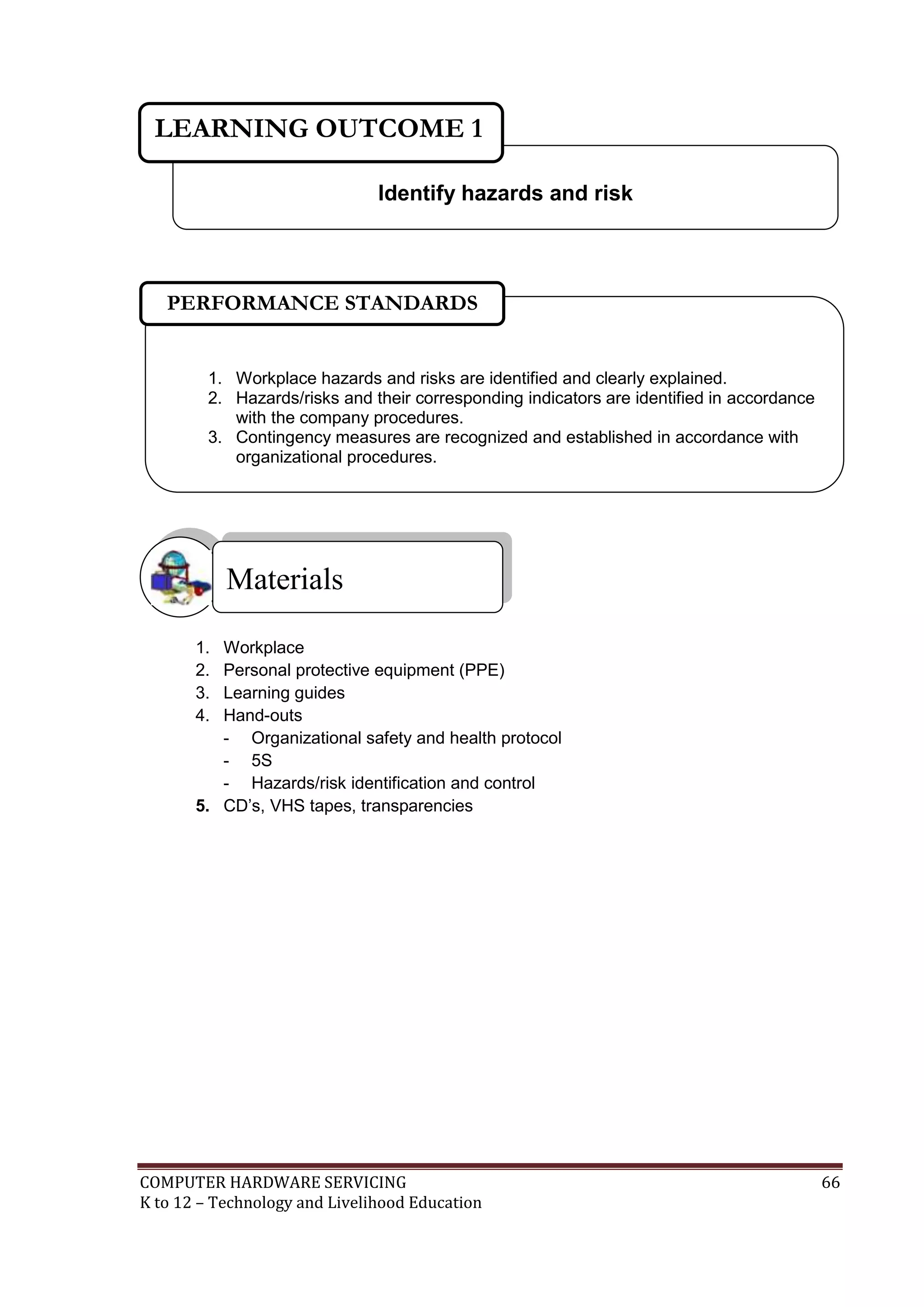 COMPUTER HARDWARE SERVICING 66
K to 12 – Technology and Livelihood Education
1. Workplace
2. Personal protective equipment (PPE)
3. Learning guides
4. Hand-outs
- Organizational safety and health protocol
- 5S
- Hazards/risk identification and control
5. CD’s, VHS tapes, transparencies
Materials
Identify hazards and risk
LEARNING OUTCOME 1
1. Workplace hazards and risks are identified and clearly explained.
2. Hazards/risks and their corresponding indicators are identified in accordance
with the company procedures.
3. Contingency measures are recognized and established in accordance with
organizational procedures.
PERFORMANCE STANDARDS
 