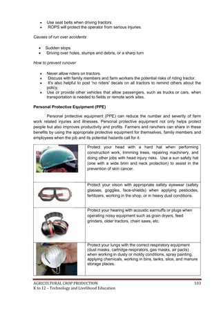 AGRICULTURAL CROP PRODUCTION 103
K to 12 – Technology and Livelihood Education
 Use seat belts when driving tractors.
 ROPS will protect the operator from serious injuries.
Causes of run over accidents
 Sudden stops
 Driving over holes, stumps and debris, or a sharp turn
How to prevent runover
 Never allow riders on tractors.
 Discuss with family members and farm workers the potential risks of riding tractor.
 It's also helpful to post 'no riders' decals on all tractors to remind others about the
policy.
 Use or provide other vehicles that allow passengers, such as trucks or cars, when
transportation is needed to fields or remote work sites.
Personal Protective Equipment (PPE)
Personal protective equipment (PPE) can reduce the number and severity of farm
work related injuries and illnesses. Personal protective equipment not only helps protect
people but also improves productivity and profits. Farmers and ranchers can share in these
benefits by using the appropriate protective equipment for themselves, family members and
employees when the job and its potential hazards call for it.
Protect your head with a hard hat when performing
construction work, trimming trees, repairing machinery, and
doing other jobs with head injury risks. Use a sun safety hat
(one with a wide brim and neck protection) to assist in the
prevention of skin cancer.
Protect your vision with appropriate safety eyewear (safety
glasses, goggles, face-shields) when applying pesticides,
fertilizers, working in the shop, or in heavy dust conditions.
Protect your hearing with acoustic earmuffs or plugs when
operating noisy equipment such as grain dryers, feed
grinders, older tractors, chain saws, etc.
Protect your lungs with the correct respiratory equipment
(dust masks, cartridge respirators, gas masks, air pacts)
when working in dusty or moldy conditions, spray painting,
applying chemicals, working in bins, tanks, silos, and manure
storage places.
 
