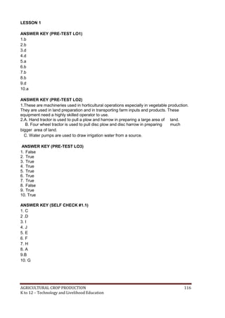 AGRICULTURAL CROP PRODUCTION 116
K to 12 – Technology and Livelihood Education
LESSON 1
ANSWER KEY (PRE-TEST LO1)
1.b
2.b
3.d
4.d
5.a
6.b
7.b
8.b
9.d
10.a
ANSWER KEY (PRE-TEST LO2)
1.These are machineries used in horticultural operations especially in vegetable production.
They are used in land preparation and in transporting farm inputs and products. These
equipment need a highly skilled operator to use.
2.A. Hand tractor is used to pull a plow and harrow in preparing a large area of land.
B. Four wheel tractor is used to pull disc plow and disc harrow in preparing much
bigger area of land.
C. Water pumps are used to draw irrigation water from a source.
ANSWER KEY (PRE-TEST LO3)
1. False
2. True
3. True
4. True
5. True
6. True
7. True
8. False
9. True
10. True
ANSWER KEY (SELF CHECK #1.1)
1. C
2 .D
3. I
4. J
5. E
6. F
7. H
8. A
9.B
10. G
 