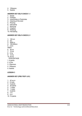 AGRICULTURAL CROP PRODUCTION 118
K to 12 – Technology and Livelihood Education
4. 100pesos
5. 5seeds
ANSWER KEY SELF-CHECK 1.1
1. Seeds
2. Fertilizer
3. Insecticides or Pesticides
4. Clearing of the land
5. Plowing
6. Harrowing
7. Mulching
8. Irrigation
9. Weeding
10. Harvesting
ANSWER KEY SELF-CHECK 2.1
1. 100 cm
2. 4m
3. 5000 m
4. 100,000cm
5. 2 km
AREA
6. 36 ha
7. 10 ha
8. 6 ha
9. 12 ha
10. 30 ha
PERCENTAGE
1. 6 plants
2. 4.2ha
3. 72farmers
4. 100pesos
5. 5seeds
LESSON 3
ANSWER KEY (PRE-TEST LO1)
1. 42 sq.m
2. 6 rows
3. 5 plants
4. 30 plants
5. 1 meter
6. 1 meter
7. 5 plants
8. 7 m
9. 6 m
10. 15 plants
 