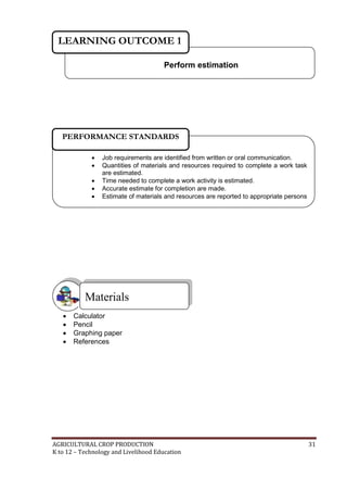 AGRICULTURAL CROP PRODUCTION 31
K to 12 – Technology and Livelihood Education
 Calculator
 Pencil
 Graphing paper
 References
Materials
Perform estimation
LEARNING OUTCOME 1
 Job requirements are identified from written or oral communication.
 Quantities of materials and resources required to complete a work task
are estimated.
 Time needed to complete a work activity is estimated.
 Accurate estimate for completion are made.
 Estimate of materials and resources are reported to appropriate persons

PERFORMANCE STANDARDS
 