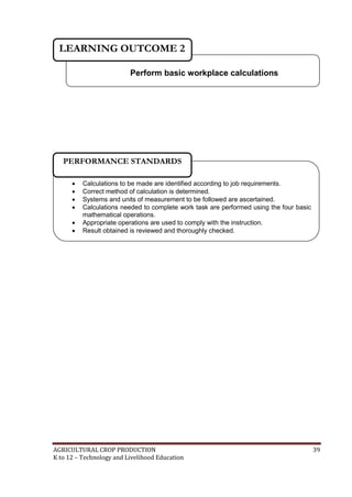 AGRICULTURAL CROP PRODUCTION 39
K to 12 – Technology and Livelihood Education
Perform basic workplace calculations
LEARNING OUTCOME 2
 Calculations to be made are identified according to job requirements.
 Correct method of calculation is determined.
 Systems and units of measurement to be followed are ascertained.
 Calculations needed to complete work task are performed using the four basic
mathematical operations.
 Appropriate operations are used to comply with the instruction.
 Result obtained is reviewed and thoroughly checked.
PERFORMANCE STANDARDS
 
