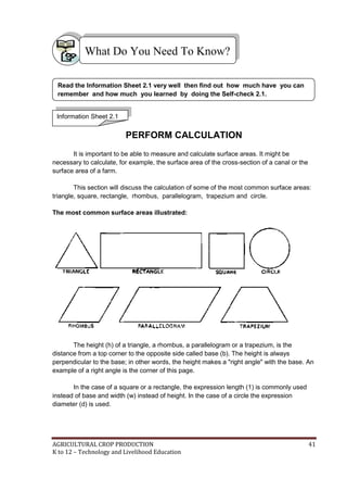 AGRICULTURAL CROP PRODUCTION 41
K to 12 – Technology and Livelihood Education
PERFORM CALCULATION
It is important to be able to measure and calculate surface areas. It might be
necessary to calculate, for example, the surface area of the cross-section of a canal or the
surface area of a farm.
This section will discuss the calculation of some of the most common surface areas:
triangle, square, rectangle, rhombus, parallelogram, trapezium and circle.
The most common surface areas illustrated:
The height (h) of a triangle, a rhombus, a parallelogram or a trapezium, is the
distance from a top corner to the opposite side called base (b). The height is always
perpendicular to the base; in other words, the height makes a "right angle" with the base. An
example of a right angle is the corner of this page.
In the case of a square or a rectangle, the expression length (1) is commonly used
instead of base and width (w) instead of height. In the case of a circle the expression
diameter (d) is used.
What Do You Need To Know?
Information Sheet 2.1
Read the Information Sheet 2.1 very well then find out how much have you can
remember and how much you learned by doing the Self-check 2.1.
 
