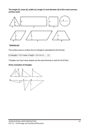 AGRICULTURAL CROP PRODUCTION 42
K to 12 – Technology and Livelihood Education
The height (h), base (b), width (w), length (1) and diameter (d) of the most common
surface areas
TRIANGLES
The surface area or surface (A) of a triangle is calculated by the formula:
A (triangle) = 0.5 x base x height = 0.5 x b x h ..... (1)
Triangles can have many shapes but the same formula is used for all of them.
Some examples of triangles
 