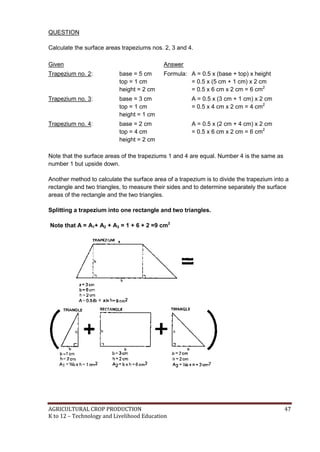 AGRICULTURAL CROP PRODUCTION 47
K to 12 – Technology and Livelihood Education
QUESTION
Calculate the surface areas trapeziums nos. 2, 3 and 4.
Given Answer
Trapezium no. 2: base = 5 cm
top = 1 cm
height = 2 cm
Formula: A = 0.5 x (base + top) x height
= 0.5 x (5 cm + 1 cm) x 2 cm
= 0.5 x 6 cm x 2 cm = 6 cm2
Trapezium no. 3: base = 3 cm
top = 1 cm
height = 1 cm
A = 0.5 x (3 cm + 1 cm) x 2 cm
= 0.5 x 4 cm x 2 cm = 4 cm2
Trapezium no. 4: base = 2 cm
top = 4 cm
height = 2 cm
A = 0.5 x (2 cm + 4 cm) x 2 cm
= 0.5 x 6 cm x 2 cm = 6 cm2
Note that the surface areas of the trapeziums 1 and 4 are equal. Number 4 is the same as
number 1 but upside down.
Another method to calculate the surface area of a trapezium is to divide the trapezium into a
rectangle and two triangles, to measure their sides and to determine separately the surface
areas of the rectangle and the two triangles.
Splitting a trapezium into one rectangle and two triangles.
Note that A = A1+ A2 + A3 = 1 + 6 + 2 =9 cm2
 