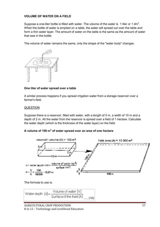 AGRICULTURAL CROP PRODUCTION 57
K to 12 – Technology and Livelihood Education
VOLUME OF WATER ON A FIELD
Suppose a one-liter bottle is filled with water. The volume of the water is 1 liter or 1 dm3
.
When the bottle of water is emptied on a table, the water will spread out over the table and
form a thin water layer. The amount of water on the table is the same as the amount of water
that was in the bottle.
The volume of water remains the same; only the shape of the "water body" changes.
One liter of water spread over a table
A similar process happens if you spread irrigation water from a storage reservoir over a
farmer's field.
QUESTION
Suppose there is a reservoir, filled with water, with a length of 5 m, a width of 10 m and a
depth of 2 m. All the water from the reservoir is spread over a field of 1 hectare. Calculate
the water depth (which is the thickness of the water layer) on the field.
A volume of 100 m3
of water spread over an area of one hectare
The formula to use is:
..... (10)
 