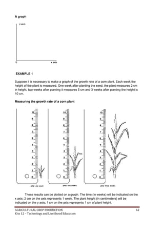 AGRICULTURAL CROP PRODUCTION 62
K to 12 – Technology and Livelihood Education
A graph
EXAMPLE 1
Suppose it is necessary to make a graph of the growth rate of a corn plant. Each week the
height of the plant is measured. One week after planting the seed, the plant measures 2 cm
in height, two weeks after planting it measures 5 cm and 3 weeks after planting the height is
10 cm.
Measuring the growth rate of a corn plant
These results can be plotted on a graph. The time (in weeks) will be indicated on the
x axis; 2 cm on the axis represents 1 week. The plant height (in centimeters) will be
indicated on the y axis; 1 cm on the axis represents 1 cm of plant height.
 