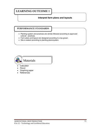 AGRICULTURAL CROP PRODUCTION 71
K to 12 – Technology and Livelihood Education
 Calculator
 Pencil
 Graphing paper
 References
Materials
Interpret farm plans and layouts
LEARNING OUTCOME 1
 Planting system and practices are strictly followed according to approved
cultural practices.
 Farm plans and layout are designed according to crop grown.
 Site is staked according to planting plans/system.
PERFORMANCE STANDARDS
 