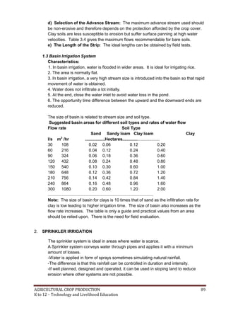 AGRICULTURAL CROP PRODUCTION 89
K to 12 – Technology and Livelihood Education
d) Selection of the Advance Stream: The maximum advance stream used should
be non-erosive and therefore depends on the protection afforded by the crop cover.
Clay soils are less susceptible to erosion but suffer surface panning at high water
velocities. Table 3.4 gives the maximum flows recommendable for bare soils.
e) The Length of the Strip: The ideal lengths can be obtained by field tests.
1.3 Basin Irrigation System
Characteristics:
1. In basin irrigation, water is flooded in wider areas. It is ideal for irrigating rice.
2. The area is normally flat.
3. In basin irrigation, a very high stream size is introduced into the basin so that rapid
movement of water is obtained.
4. Water does not infiltrate a lot initially.
5. At the end, close the water inlet to avoid water loss in the pond.
6. The opportunity time difference between the upward and the downward ends are
reduced.
The size of basin is related to stream size and soil type.
Suggested basin areas for different soil types and rates of water flow
Flow rate Soil Type
Sand Sandy loam Clay loam Clay
l/s m3
/hr .................Hectares................................
30 108 0.02 0.06 0.12 0.20
60 216 0.04 0.12 0.24 0.40
90 324 0.06 0.18 0.36 0.60
120 432 0.08 0.24 0.48 0.80
150 540 0.10 0.30 0.60 1.00
180 648 0.12 0.36 0.72 1.20
210 756 0.14 0.42 0.84 1.40
240 864 0.16 0.48 0.96 1.60
300 1080 0.20 0.60 1.20 2.00
...........................................................................................
Note: The size of basin for clays is 10 times that of sand as the infiltration rate for
clay is low leading to higher irrigation time. The size of basin also increases as the
flow rate increases. The table is only a guide and practical values from an area
should be relied upon. There is the need for field evaluation.
2. SPRINKLER IRRIGATION
The sprinkler system is ideal in areas where water is scarce.
A Sprinkler system conveys water through pipes and applies it with a minimum
amount of losses.
-Water is applied in form of sprays sometimes simulating natural rainfall.
-The difference is that this rainfall can be controlled in duration and intensity.
-If well planned, designed and operated, it can be used in sloping land to reduce
erosion where other systems are not possible.
 
