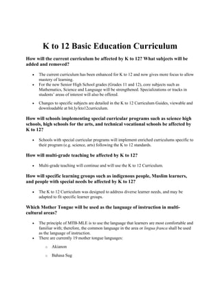 K to 12 Curriculum Changes | PDF