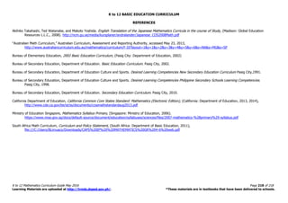 K to 12 BASIC EDUCATION CURRICULUM
K to 12 Mathematics Curriculum Guide May 2016 Page 218 of 218
Learning Materials are uploaded at http://lrmds.deped.gov.ph/. *These materials are in textbooks that have been delivered to schools.
REFERENCES
Akihiko Takahashi, Ted Watanabe, and Makoto Yoshida. English Translation of the Japanese Mathematics Curricula in the course of Study, (Madison: Global Education
Resources L.L.C., 2008). http://ncm.gu.se/media/kursplaner/andralander/Japanese_COS2008Math.pdf
“Australian Math Curriculum,” Australian Curriculum, Assessment and Reporting Authority, accessed May 23, 2013,
http://www.australiancurriculum.edu.au/mathematics/curriculum/f-10?layout=1&y=1&y=2&y=3&y=4&y=5&y=6&s=NA&s=MG&s=SP
Bureau of Elementary Education, 2002 Basic Education Curriculum, (Pasig City: Department of Education, 2002)
Bureau of Secondary Education, Department of Education. Basic Education Curriculum. Pasig City, 2002.
Bureau of Secondary Education, Department of Education Culture and Sports. Desired Learning Competencies New Secondary Education Curriculum Pasig City,1991.
Bureau of Secondary Education, Department of Education Culture and Sports. Desired Learning Competencies Philippine Secondary Schools Learning Competencies.
Pasig City, 1998.
Bureau of Secondary Education, Department of Education. Secondary Education Curriculum. Pasig City, 2010.
California Department of Education, California Common Core States Standard: Mathematics (Electronic Edition), (California: Department of Education, 2013, 2014),
http://www.cde.ca.gov/be/st/ss/documents/ccssmathstandardaug2013.pdf
Ministry of Education Singapore, Mathematics Syllabus Primary, (Singapore: Ministry of Education, 2006).
https://www.moe.gov.sg/docs/default-source/document/education/syllabuses/sciences/files/2007-mathematics-%28primary%29-syllabus.pdf
South Africa Math Curriculum, Curriculum and Policy Statement, (South Africa: Department of Basic Education, 2011),
file:///C:/Users/BLimuaco/Downloads/CAPS%20IP%20%20MATHEMATICS%20GR%204-6%20web.pdf
 