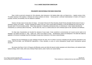 K to 12 BASIC EDUCATION CURRICULUM
K to 12 Music Curriculum Guide May 2016 Page 3of 94
Learning Materials are uploaded at http://lrmds.deped.gov.ph/. *These materials are in textbooks that have been delivered to schools.
PHILOSOPHY AND RATIONALE FOR MUSIC EDUCATION
Music is both an aural and a temporal art. All its elements, when interwoven in the highest artistic order, are likened into a -- tapestry moving in time.
The global weavings of this tapestry in historical and cultural contexts are diverse -- having spurred a continued metamorphosis to include a full range of
purposes, functions, and identities, from the utilitarian to aesthetic.
However, the basic nature of music does not change. In his book A Structure for Music Education, Ronald Thomas articulates that the nature of music is
expressive, ongoing, and creative. Through a language and medium of its own, music conveys ideas and feelings in a way that addresses the human spirit, and
has great value in its communicative process. Music, being responsive in interpreting contemporary times, is a continuing art. Aaron Copland describes this
characteristic as a continuous state of becoming. Like the other arts, music is a creative avenue for man’s individual quest for self- expression and fulfillment.
On these basic characteristics are founded the rationale of music study. A keen sensitivity to environmental and musical sounds needs to be
developed. The student must learn to ―hear, ―speak, and ―think in the medium of music. Simultaneously, growth and development in the skills that enable the
application of the learner’s knowledge should be encouraged, through active involvement in the various musical processes.
Drawing from the development of music pedagogy through the years, the K-10 Music Curriculum embodies the best practices advocated by the
SPIRAL, MULTI-CULTURAL, and INTEGRATIVE approaches in music education, as well as current philosophical thought about contemporary general
education.
We envision that Music in the K-10 Program will effectively nurture and refine the learner’s artistic expression and cultural literacy, and celebrate his/her
national heritage, while it instils, within every individual Filipino learner, pride in his/her own cultural identity.
 