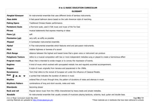 K to 12 BASIC EDUCATION CURRICULUM
K to 12 Music Curriculum Guide May 2016 Page 90of 94
Learning Materials are uploaded at http://lrmds.deped.gov.ph/. *These materials are in textbooks that have been delivered to schools.
GLOSSARY
Pangkat Kawayan An instrumental ensemble that uses different kinds of bamboo instruments.
Pasa doble A fast-paced ballroom dance based on the Latin American style of marching.
Peking Opera Traditional Chinese theater performance.
Pentatonic Scale a five-tone scale, used in folk music and music of the Far East
Phrase musical statements that express meaning or ideas
Piano (p) soft
Pianissimo (pp) very soft; as softly as possible
Pinpeat A Cambodian instrumental ensemble.
Piphat A Thai instrumental ensemble which features wind and percussion instruments.
Pitch relative highness or lowness of a sound
Pitch Range distance between the highest and lowest tones that a given voice or instrument can produce
Polyphonic Texture refers to a musical composition with two or more independent melodies sung or played to create a harmonious effect
Program music Music that is intended to evoke images or to convey the impression of events.
Ragtime A kind of music which evolved with syncopated melodic line and regularly accented accompaniment.
Reggae A style of music originally from Jamaica and popularized in the 1960s.
Renaissance Term that refers to the revival of European art under the influence of Classical Models.
Rest a symbol that indicates the duration of silence in music
Rhythm ordered flow of music through time; the pattern of durations of notes and silences in music
Rhythmic Pattern combinations of long and short sounds, notes and rests
Ritardando becoming slower
Rock and roll Popular dance music from the 1950s characterized by heavy beats and simple melodies.
Rondalla An instrumental ensemble that usually consists of musicians playing banduria, octavina, laud, guitar and double bass.
 