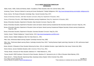K to 12 BASIC EDUCATION CURRICULUM
K to 12 Music Curriculum Guide May 2016 Page 94of 94
Learning Materials are uploaded at http://lrmds.deped.gov.ph/. *These materials are in textbooks that have been delivered to schools.
REFERENCES
Abeles, Harold, Hoffer, Charles and Klotman, Robert. Foundations of Music Education, (New York: Schirmer Books, 1984)
Armstrong, Thomas. "American Institute for Learning and Human Development." Multiple Intelligences. 2010. http://www.thomasarmstrong.com/multiple_intelligences.htm.
Bruner, Jerome, The Process of Education. (Cambridge, Mass.: Harvard University Press, 1977)
Bureau of Elementary Education, 2002 Basic Education Curriculum. (Pasig City: Department of Education, 2002)
Bureau of Elementary Education, 2002 Philippine Elementary Learning Competencies. (Pasig City: Department of Education, 2002)
Bureau of Secondary Education, Department of Education. Basic Education Curriculum. Pasig City, 2002.
Bureau of Secondary Education, Department of Education Culture and Sports. Desired Learning Competencies New Secondary Education Curriculum. Pasig City, 1991.
Bureau of Secondary Education, Department of Education Culture and Sports. Desired Learning Competencies Philippine Secondary Schools Learning Competencies.
Pasig City, 1998.
Bureau of Secondary Education, Department of Education. Secondary Education Curriculum. Pasig City, 2010.
Gardner, Howard. "Multiple Intelligences." Howard Gardner. 2010. http://www.howardgardner.com/MI/mi.html.
Gardner, Howard, Multiple Intelligences. (New York: Basic Books Inc., 1991)
Miller, Cleve, Performance-Based Learning, (England: Cambridge University Press, 2008)
Miller, Cleve. "Performance-Based Learning (Mexico: Cambridge University Press, 2010)." Teaching Business English (audio blog), December 16, 2010. performance-based-
learning.html.
Reimer, Bennett. A Philosophy of Music Education Advancing the Vision. 1991 ed. (Aesthetic Education. Upper Saddle River, New Jersey: Prentice Hall, 2003).
Reimer, Bennet, Journal of Aesthetic Education, (USA: University of Illinois Press, 1991)
Thomas, Ronald, A Structure for Music Education. (Bardonia, N.Y.: Media Materials Inc., 1970)
Thomas, Ronald B. MMCP Synthesis: A Structure for Music Education. (Bardonia, N.Y: Sponsored by the U.S. Office of Education Media Materials, 1970).
Wade, Bonnie C., Thinking Musically: Experiencing Music, Expressing Culture, (England: Oxford University Press, 2003)
 