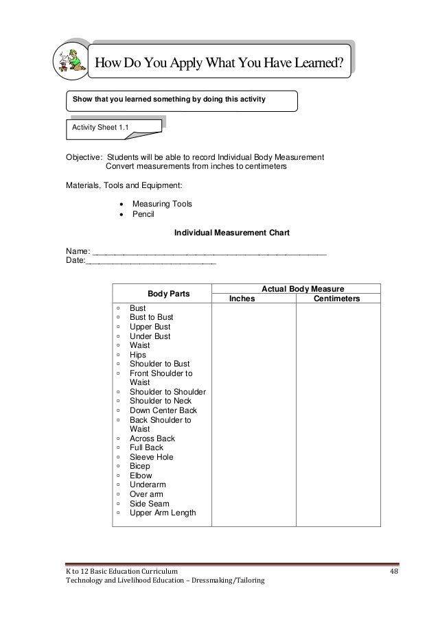 k to 12 dressmaking learning module body measurement sheets