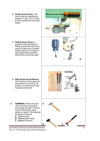 ELECTRICAL INSTALLATION MAINTENANCE 11
K to 12 – Technology and Livelihood Education
B. Philips Screw Driver. This
has a cross tip resembling a
positive (+) sign. This is used
to drive screws with cross slot
heads.
C. Stubby Screw Driver. It
comes in either Standard or
Philips screw driver with short
shank or blade and a shorted
handle used to turn screws in
tight space where standard
screw driver cannot be used.
D. Allen Screw Driver/Wrench.
This could be in the shape of a
screw driver or a wrench. Its
function is to drive screw with
hexagonal slot head.
II. HAMMERS. These are tools
used in driving or pounding
and pulling out nails. They are
made of hard steel, wood,
plastic or rubber. The following
are types of hammer:
A. Claw hammer
B. Mallet(rubber head)
C. Ballpeen hammer
A
B C
 