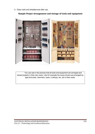 ELECTRICAL INSTALLATION MAINTENANCE 122
K to 12 – Technology and Livelihood Education
4. Clean carts and wheelbarrows after use.
Sample Proper Arrangement and storage of tools and equipment
You can see in the pictures that all tools and equipment are arranged and
stored properly in their own racks. Like for example the screw drivers are arranged by
type and sizes, hammers, saws, c-clamps, etc. are in their racks.
 