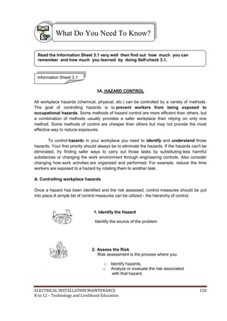 ELECTRICAL INSTALLATION MAINTENANCE 150
K to 12 – Technology and Livelihood Education
3A. HAZARD CONTROL
All workplace hazards (chemical, physical, etc.) can be controlled by a variety of methods.
The goal of controlling hazards is to prevent workers from being exposed to
occupational hazards. Some methods of hazard control are more efficient than others, but
a combination of methods usually provides a safer workplace than relying on only one
method. Some methods of control are cheaper than others but may not provide the most
effective way to reduce exposures.
To control hazards in your workplace you need to identify and understand those
hazards. Your first priority should always be to eliminate the hazards. If the hazards can't be
eliminated, try finding safer ways to carry out those tasks by substituting less harmful
substances or changing the work environment through engineering controls. Also consider
changing how work activities are organized and performed. For example, reduce the time
workers are exposed to a hazard by rotating them to another task.
A. Controlling workplace hazards
Once a hazard has been identified and the risk assessed, control measures should be put
into place.A simple list of control measures can be utilized - the hierarchy of control.
1. Identify the Hazard
Identify the source of the problem
2. Assess the Risk
Risk assessment is the process where you:
o Identify hazards,
o Analyze or evaluate the risk associated
with that hazard.
What Do You Need To Know?
Information Sheet 3.1
Read the Information Sheet 3.1 very well then find out how much you can
remember and how much you learned by doing Self-check 3.1.
 