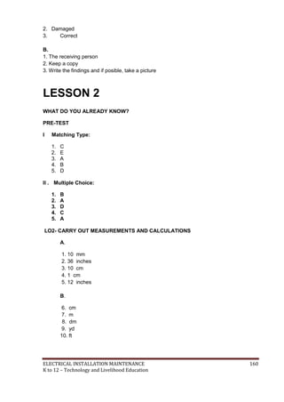 ELECTRICAL INSTALLATION MAINTENANCE 160
K to 12 – Technology and Livelihood Education
2. Damaged
3. Correct
B.
1. The receiving person
2. Keep a copy
3. Write the findings and if posible, take a picture
LESSON 2
WHAT DO YOU ALREADY KNOW?
PRE-TEST
I Matching Type:
1. C
2. E
3. A
4. B
5. D
II . Multiple Choice:
1. B
2. A
3. D
4. C
5. A
LO2- CARRY OUT MEASUREMENTS AND CALCULATIONS
A.
1. 10 mm
2. 36 inches
3. 10 cm
4. 1 cm
5. 12 inches
B.
6. cm
7. m
8. dm
9. yd
10. ft
 