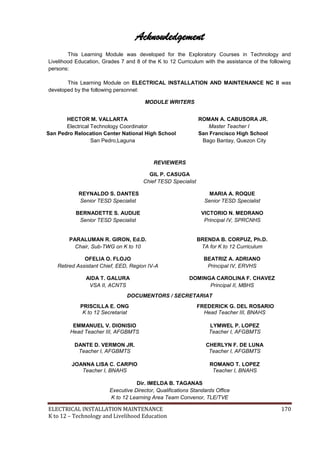 ELECTRICAL INSTALLATION MAINTENANCE 170
K to 12 – Technology and Livelihood Education
Acknowledgement
This Learning Module was developed for the Exploratory Courses in Technology and
Livelihood Education, Grades 7 and 8 of the K to 12 Curriculum with the assistance of the following
persons:
This Learning Module on ELECTRICAL INSTALLATION AND MAINTENANCE NC II was
developed by the following personnel:
MODULE WRITERS
REVIEWERS
GIL P. CASUGA
Chief TESD Specialist
REYNALDO S. DANTES
Senior TESD Specialist
MARIA A. ROQUE
Senior TESD Specialist
BERNADETTE S. AUDIJE
Senior TESD Specialist
VICTORIO N. MEDRANO
Principal IV, SPRCNHS
PARALUMAN R. GIRON, Ed.D.
Chair, Sub-TWG on K to 10
BRENDA B. CORPUZ, Ph.D.
TA for K to 12 Curriculum
OFELIA O. FLOJO
Retired Assistant Chief, EED, Region IV-A
BEATRIZ A. ADRIANO
Principal IV, ERVHS
AIDA T. GALURA
VSA II, ACNTS
DOMINGA CAROLINA F. CHAVEZ
Principal II, MBHS
DOCUMENTORS / SECRETARIAT
PRISCILLA E. ONG
K to 12 Secretariat
FREDERICK G. DEL ROSARIO
Head Teacher III, BNAHS
EMMANUEL V. DIONISIO
Head Teacher III, AFGBMTS
LYMWEL P. LOPEZ
Teacher I, AFGBMTS
DANTE D. VERMON JR.
Teacher I, AFGBMTS
CHERLYN F. DE LUNA
Teacher I, AFGBMTS
JOANNA LISA C. CARPIO
Teacher I, BNAHS
ROMANO T. LOPEZ
Teacher I, BNAHS
Dir. IMELDA B. TAGANAS
Executive Director, Qualifications Standards Office
K to 12 Learning Area Team Convenor, TLE/TVE
HECTOR M. VALLARTA
Electrical Technology Coordinator
San Pedro Relocation Center National High School
San Pedro,Laguna
ROMAN A. CABUSORA JR.
Master Teacher I
San Francisco High School
Bago Bantay, Quezon City
 